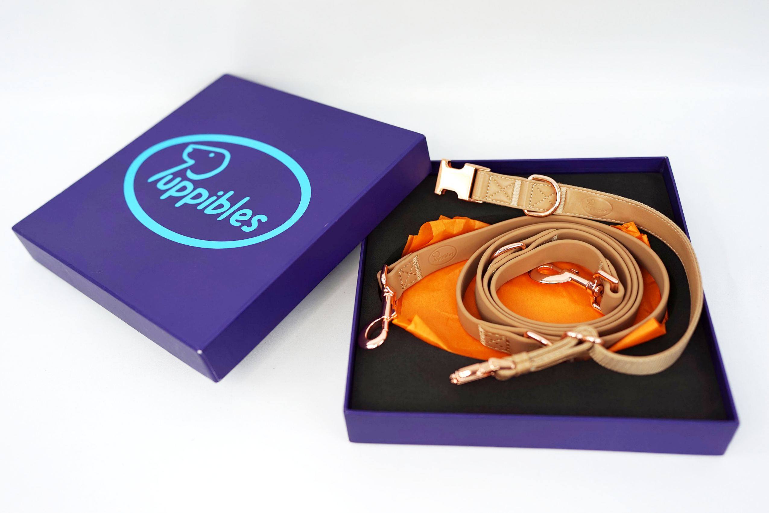 Puppibles Tan Leash Collar and Bandana Bundle