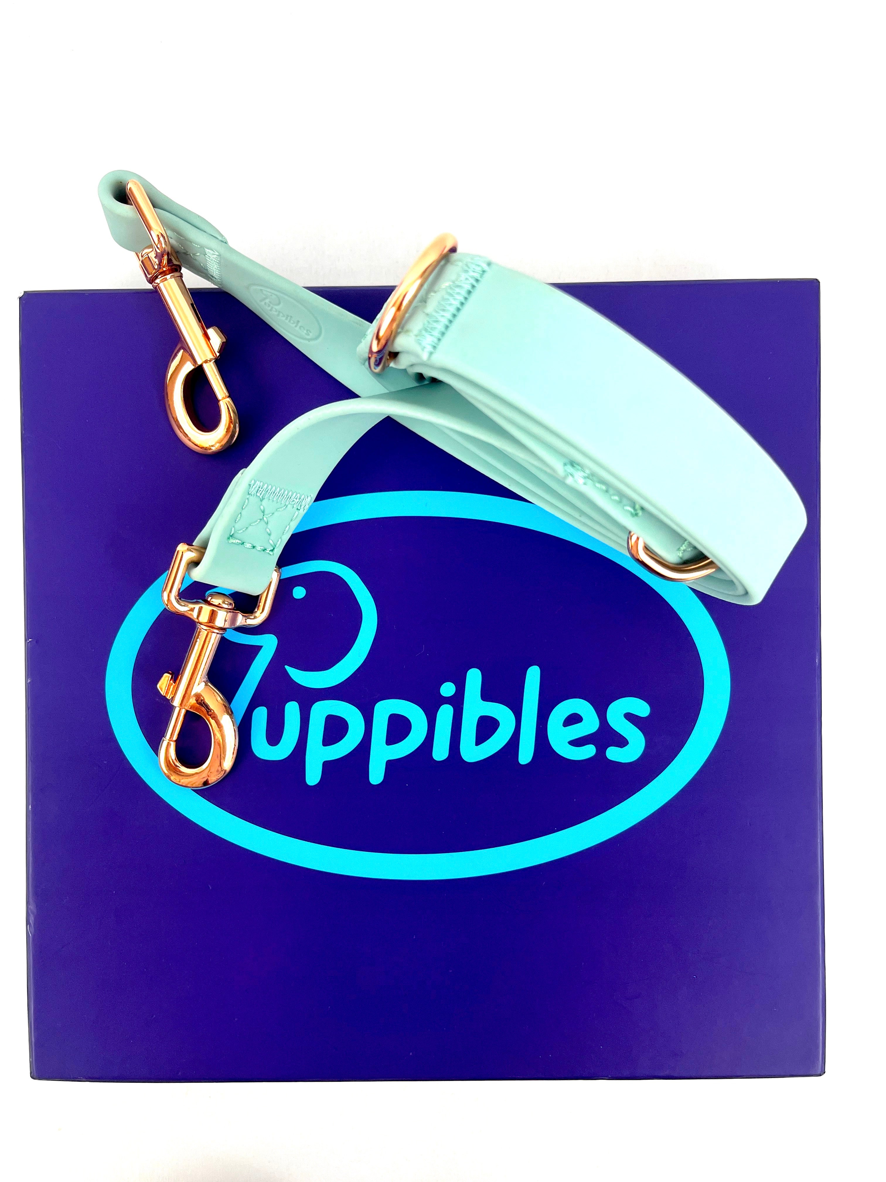 Blue leash with rose gold clasps sitting on a box bearing Puppibles logo