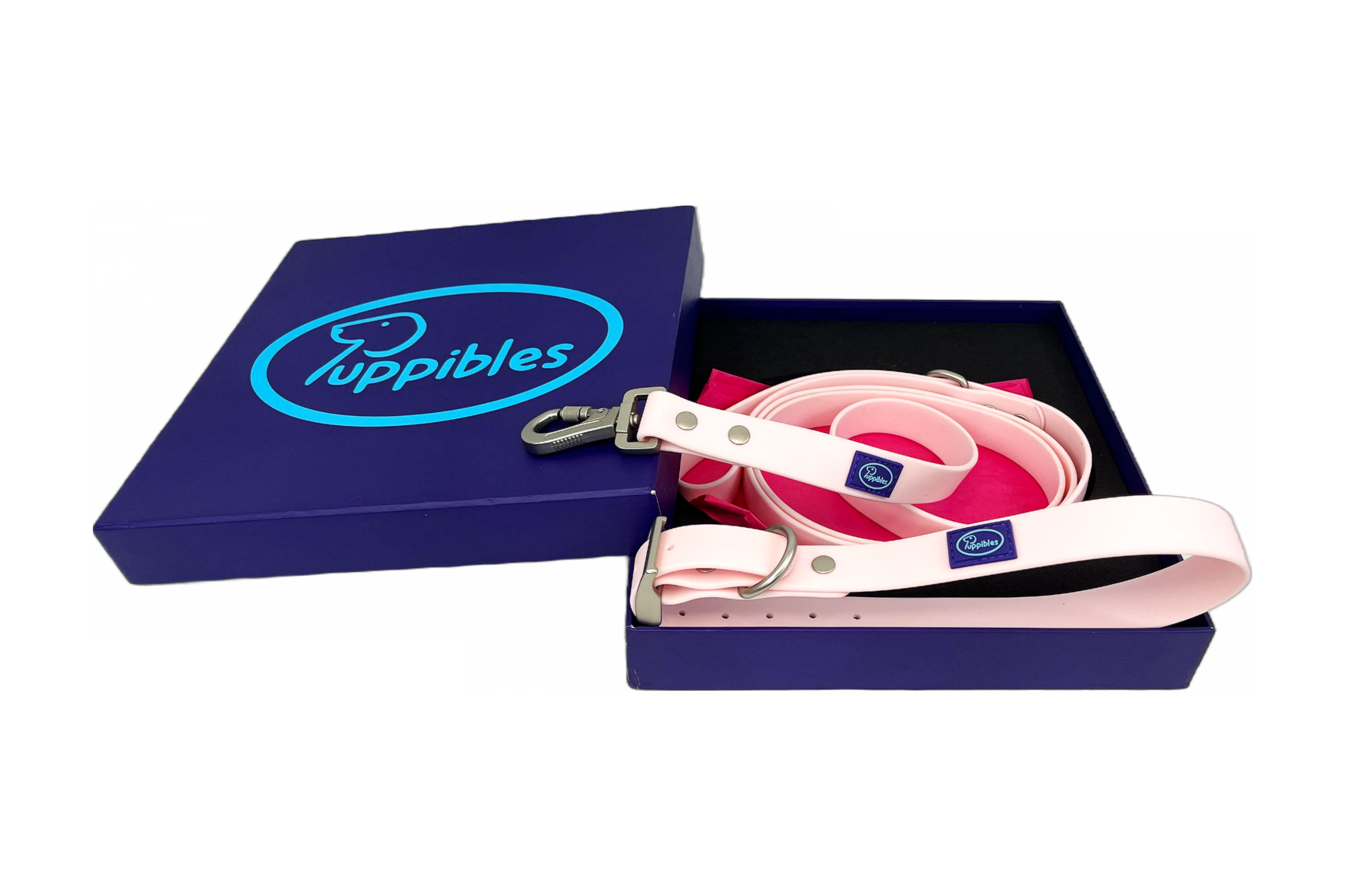 Puppibles Pink Birthday Bandana and Waterproof Collar and Leash Bundle